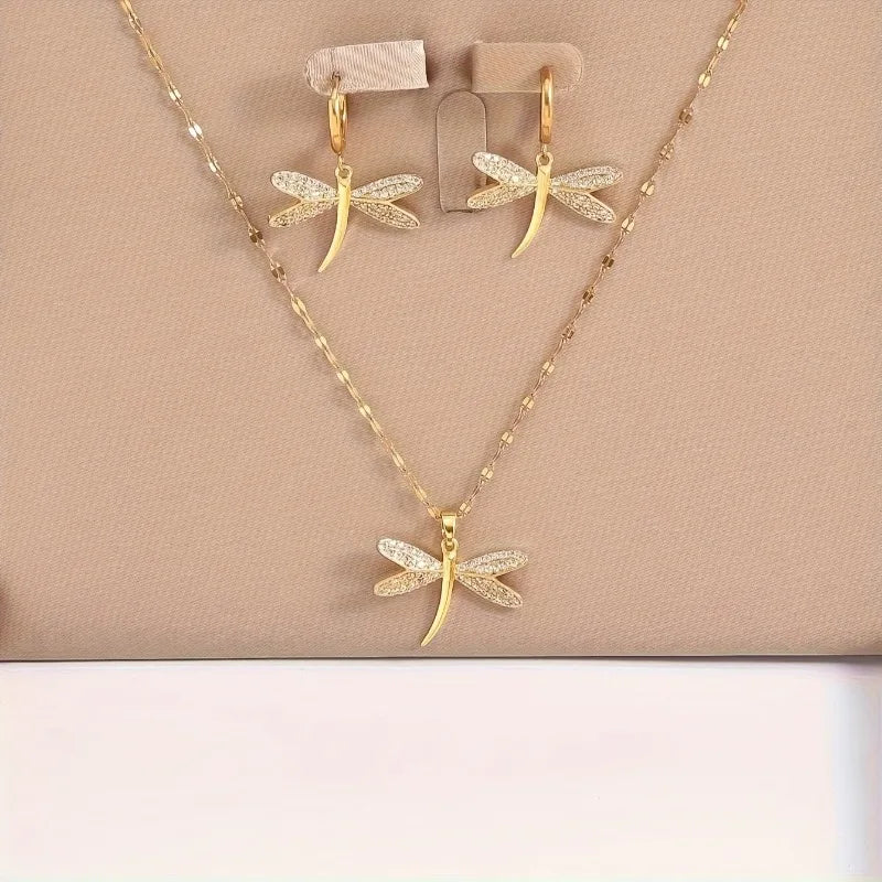 Gold Dragonfly Necklace with Matching Earrings