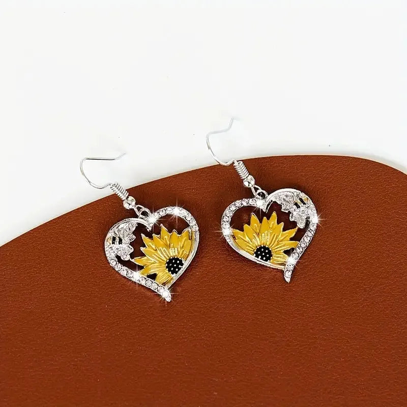 Vintage Boho Sunflower & Bee Heart Drop Earrings
