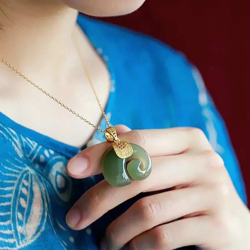 Hetian Jade Elephant Pendant Necklace — 18K Gold-Plated