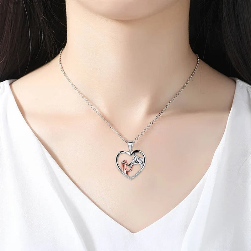 Heart Zircon Girl & Horse Necklace