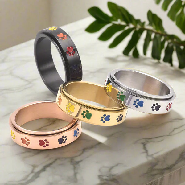 Spinning Stress-Reducing Paw Ring – Stainless Steel with Rainbow Paws