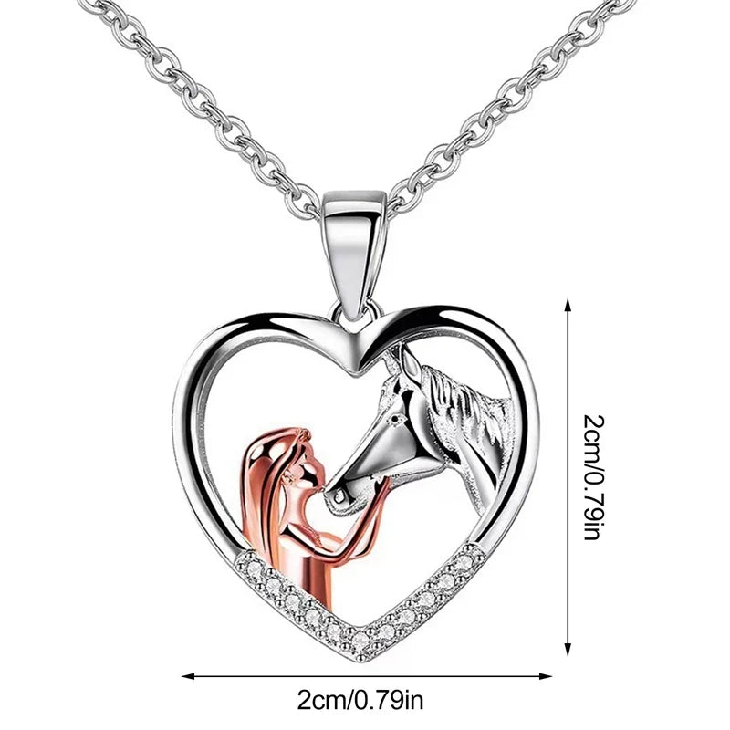 Heart Zircon Girl & Horse Necklace