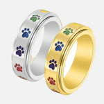 Spinning Stress-Reducing Paw Ring – Stainless Steel with Rainbow Paws