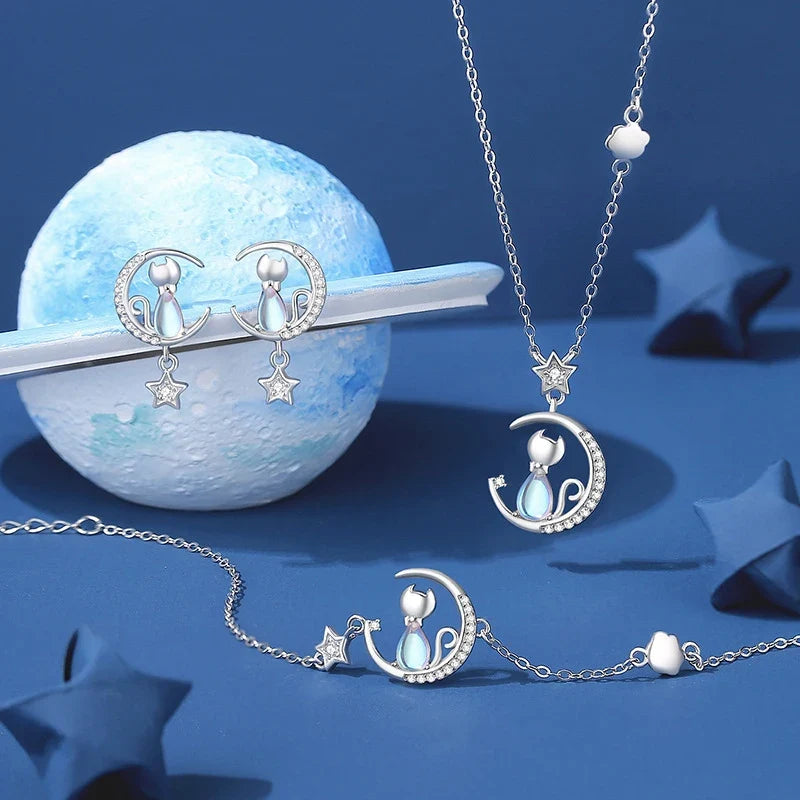 Sterling Silver Cat & Moon Necklace