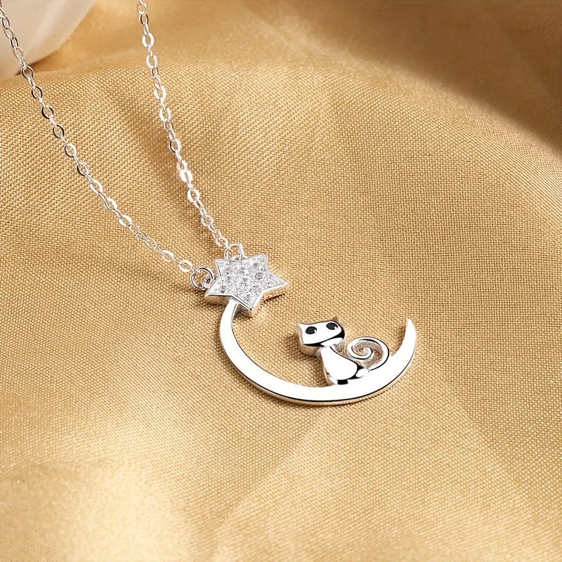 Sterling Silver Cat, Moon & Star Pendant