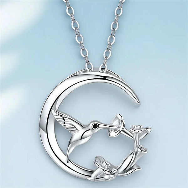 Moon & Bird Vintage Silver Pendant Necklace