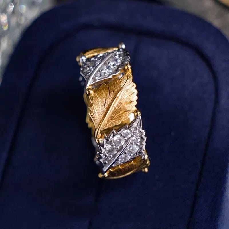 Gold Silver Leaf Pave Ring — (Adjustable)