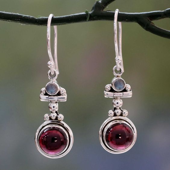Vintage Drop Garnet Crystal Silver Earrings