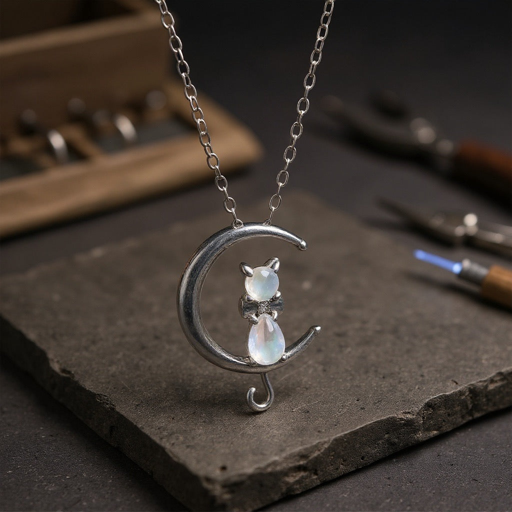 Moonstone Crescent Moon & Cat Necklace