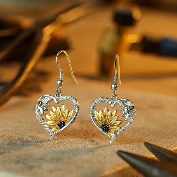 Vintage Boho Sunflower & Bee Heart Drop Earrings