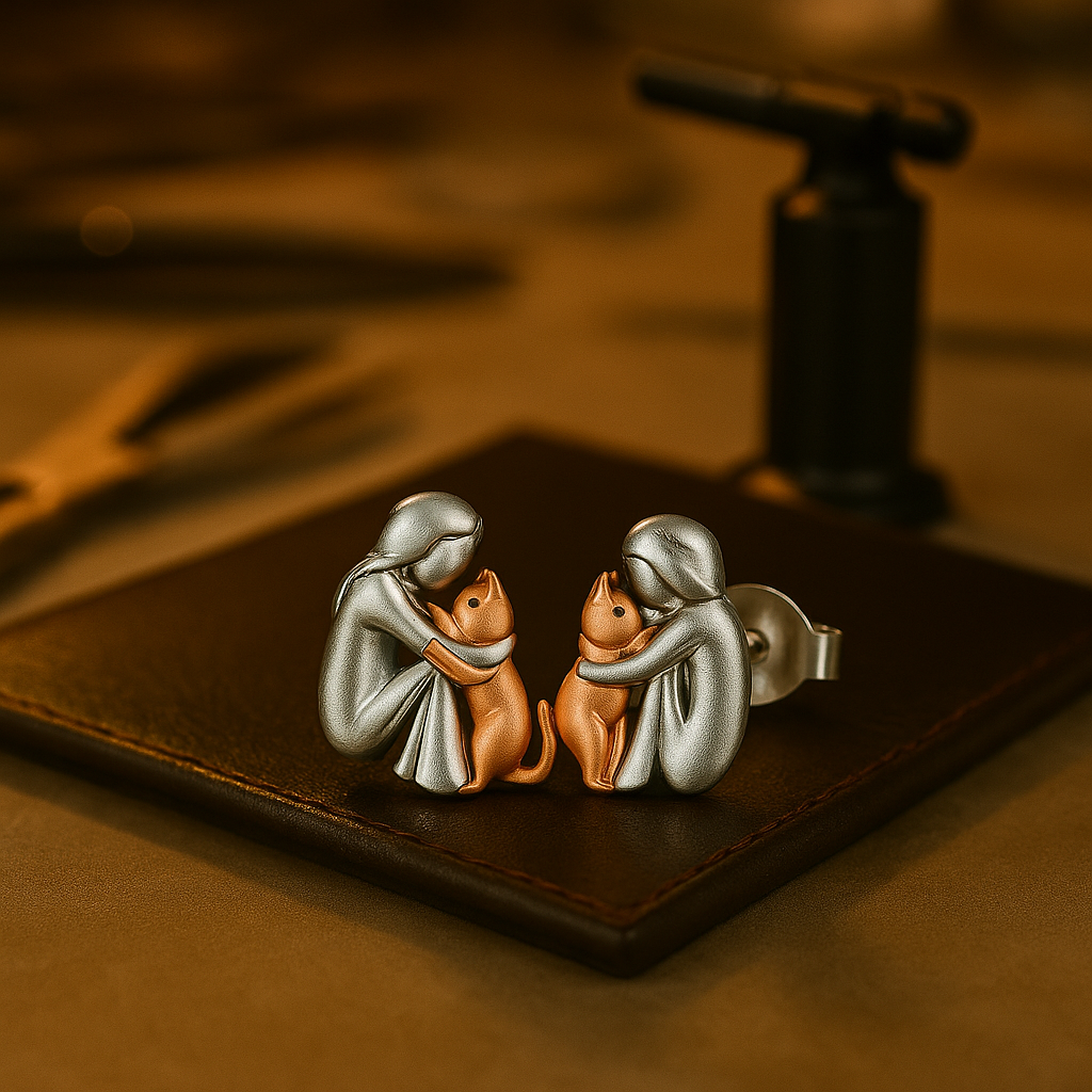 Silver & Gold Two-Tone Cat Omhelzing Earrings