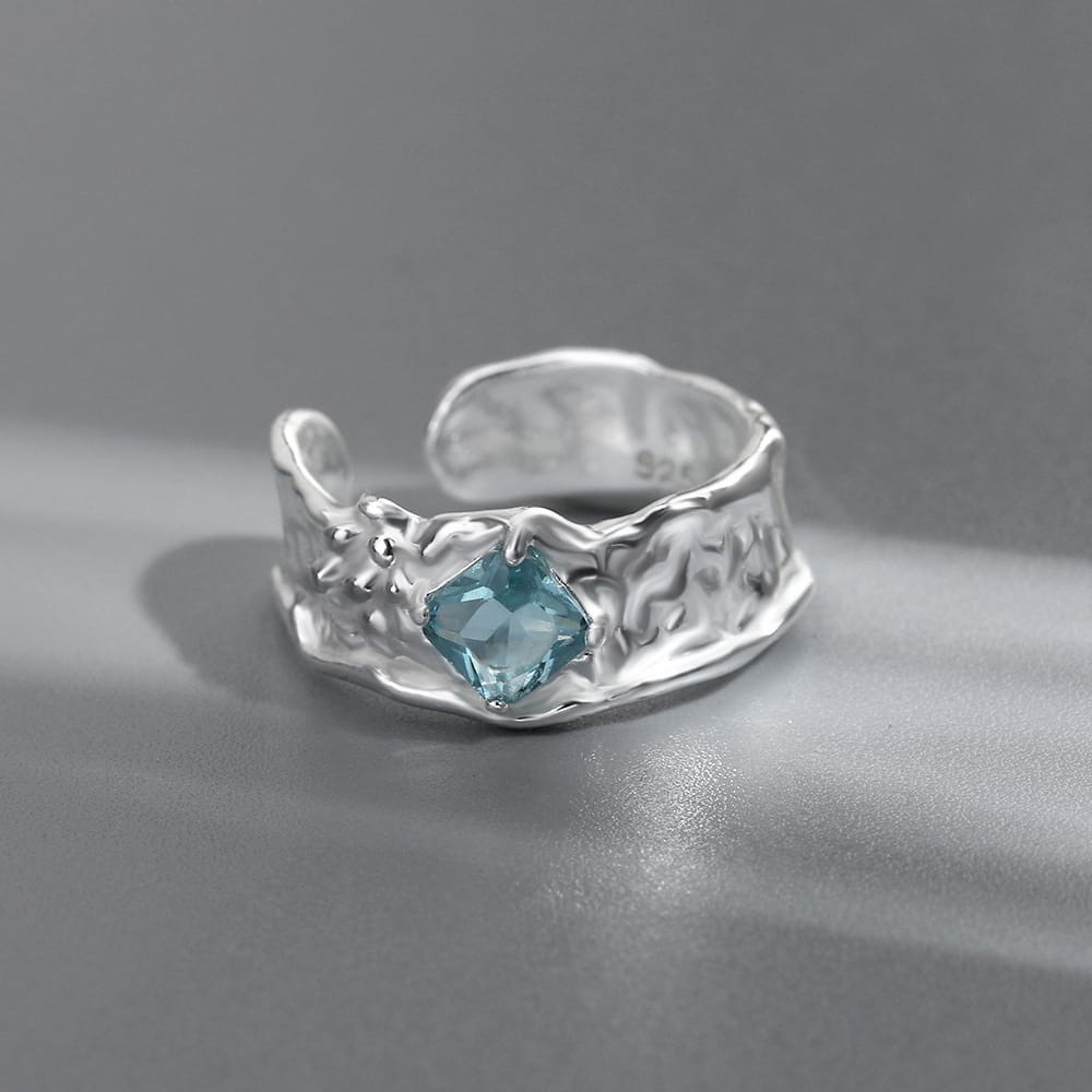 Silver Aquamarine Textured Ring — (Adjustable)