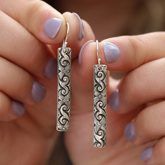 Rectangular Boho Earrings of Sterling Silver