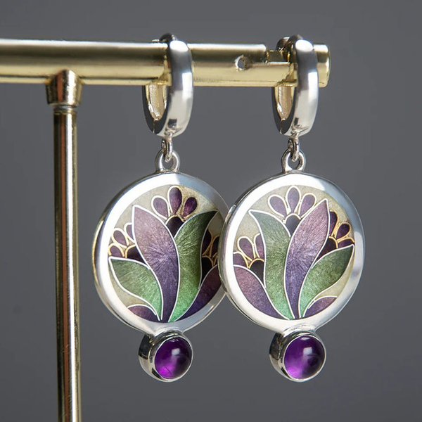 Boho Earrings with Purple Crystal in Sterling Silver
