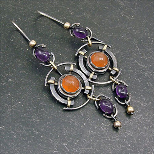 Vintage Purple & Orange Crystal Silver Earrings