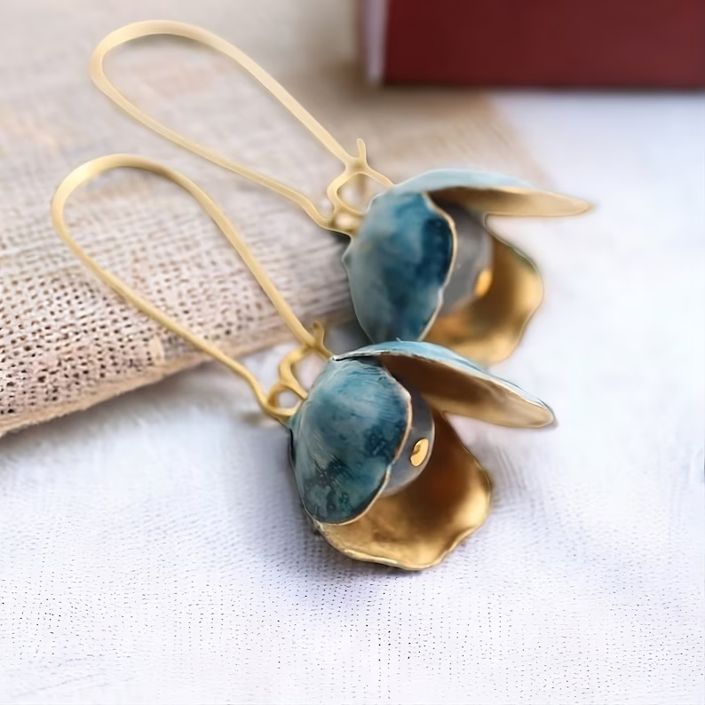 Vintage Blue Lotus Gold Earrings