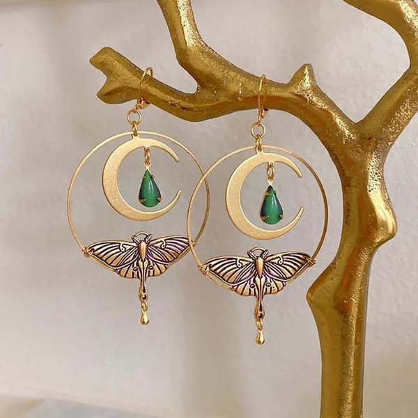 Vintage Gold Moon Dragonfly Earrings