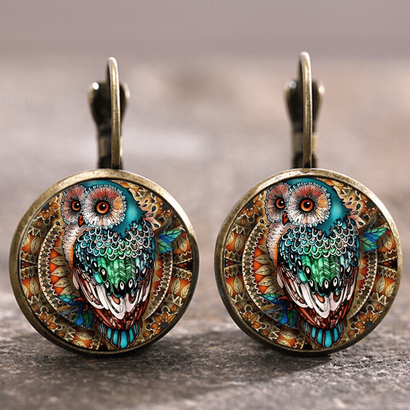 Vintage Round Crystal Owl Earrings
