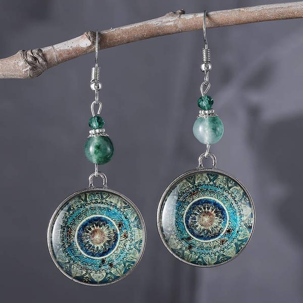 Vintage Blue Drop Round Mandala Earrings