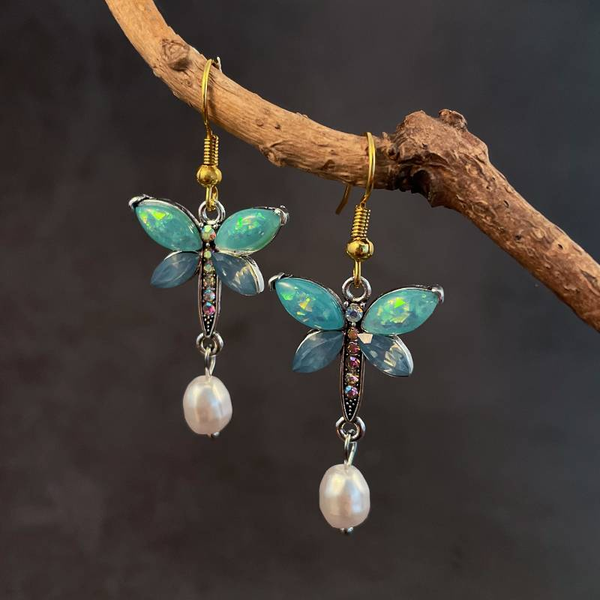 Vintage Green Opal Perle Butterfly Earrings