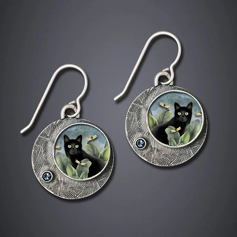 Vintage Round Geschilderde Cat Earrings