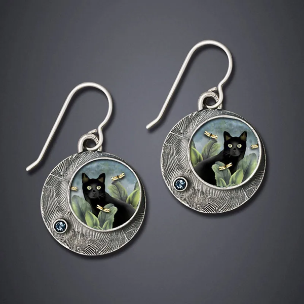 Vintage Round Geschilderde Cat Earrings