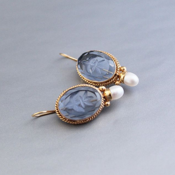 Vintage Blue Glass Pearls Earrings