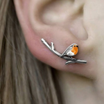 Vintage Bird Silver Hoop Earrings