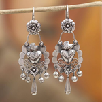 Vintage Drop Silver Heart Flower Earrings