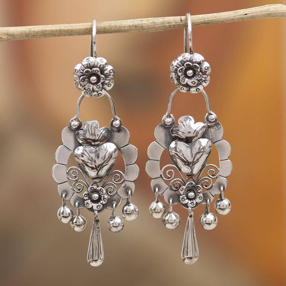 Vintage Drop Silver Heart Flower Earrings