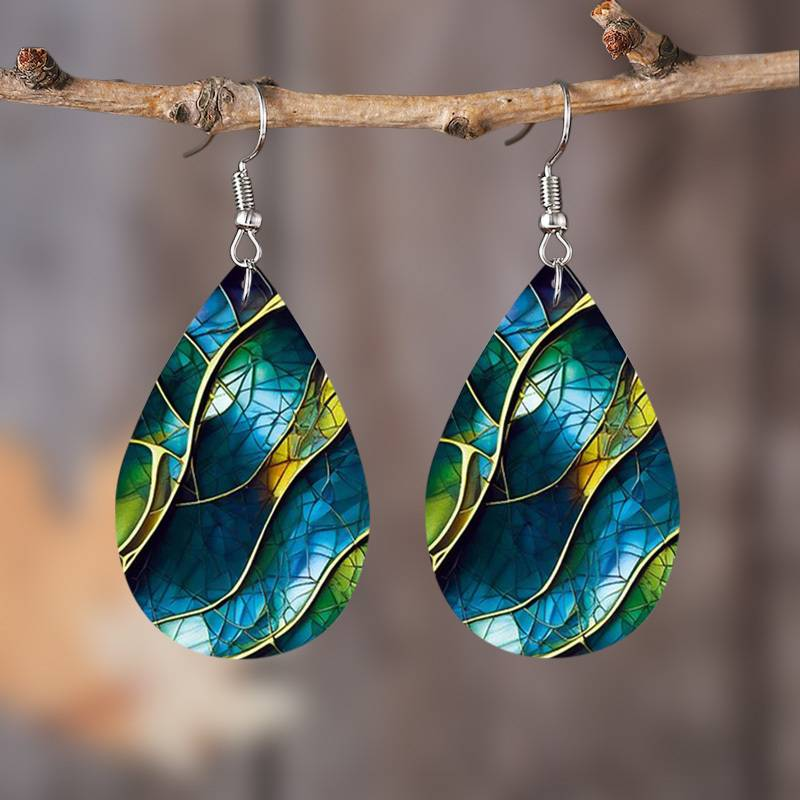 Vintage Hand-Painted Blue Leaf Drop Earrings