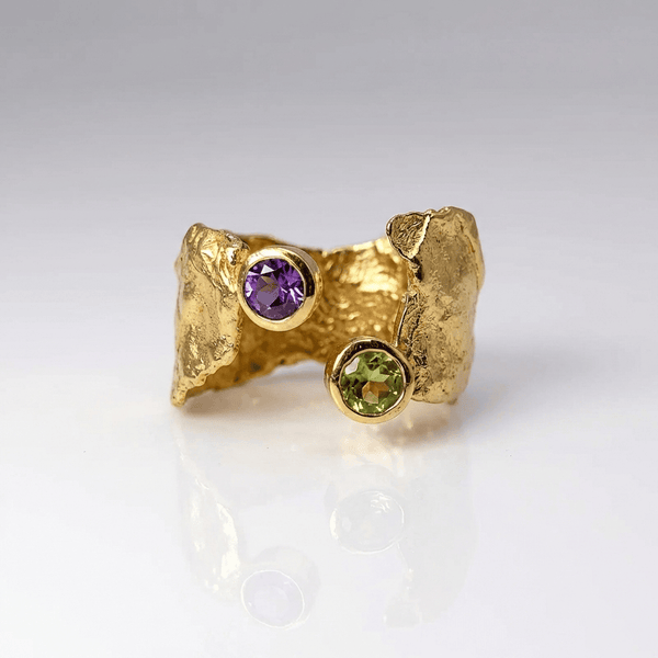 Rustic Gold Amethyst & Peridot Ring — (Adjustable)