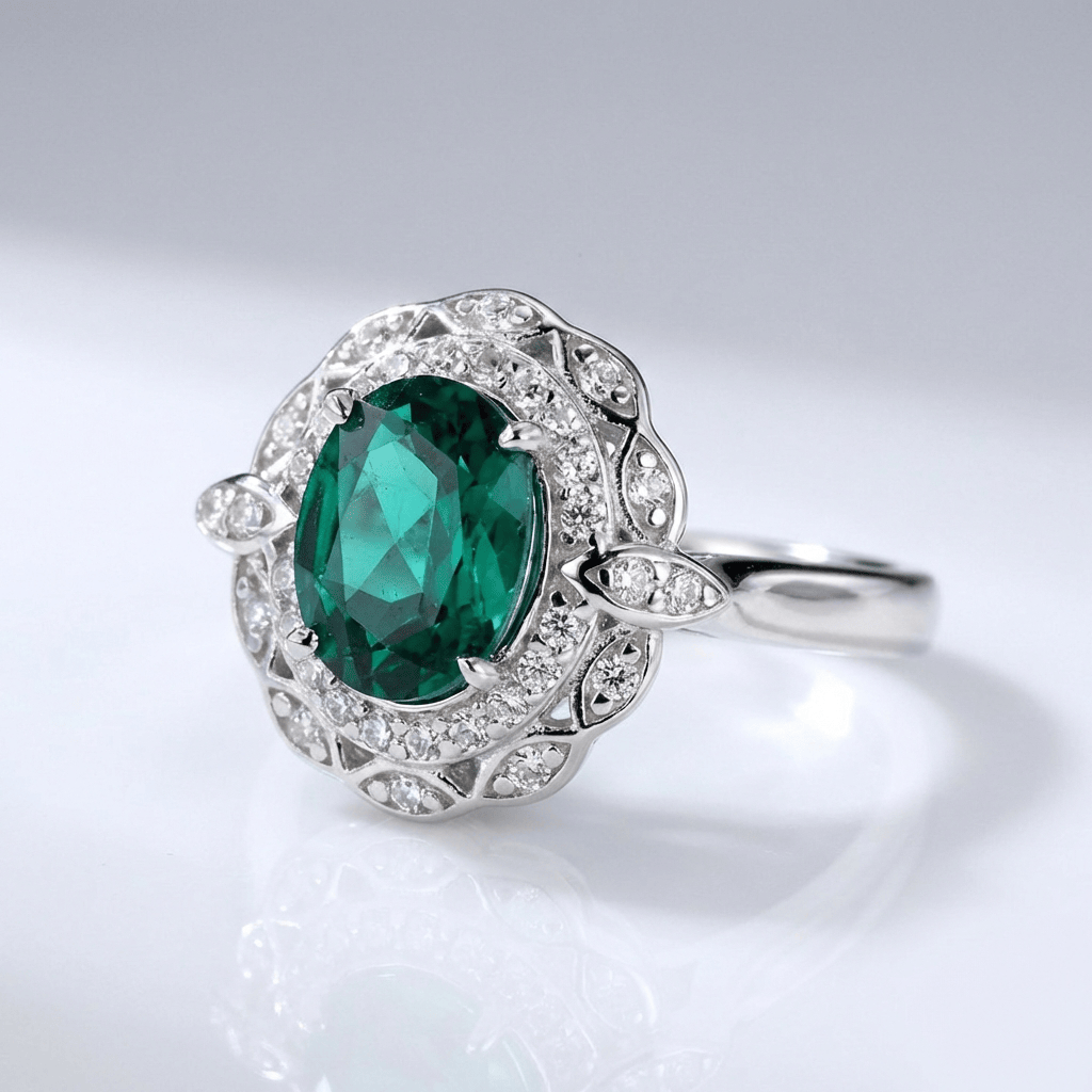 Vintage Emerald Silver Floral Ring — (Adjustable)