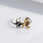 Honey Bee & Flower Silver Ring — (Adjustable)