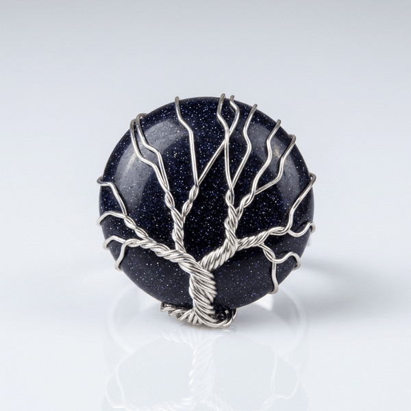 Tree Of Life Blue Sandstone Silver Ring — (Adjustable)
