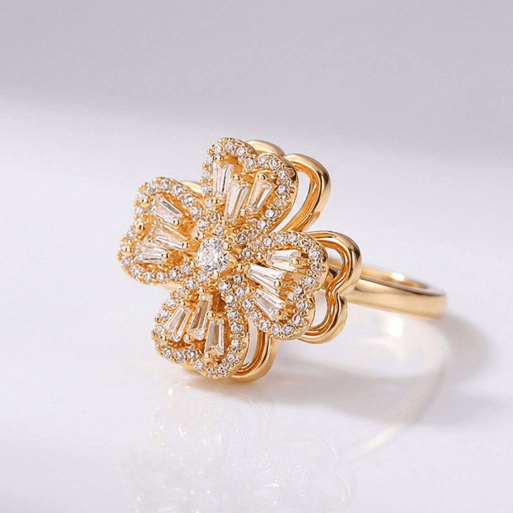 Baguette Zirconia Rotating Flower Ring — (Adjustable)