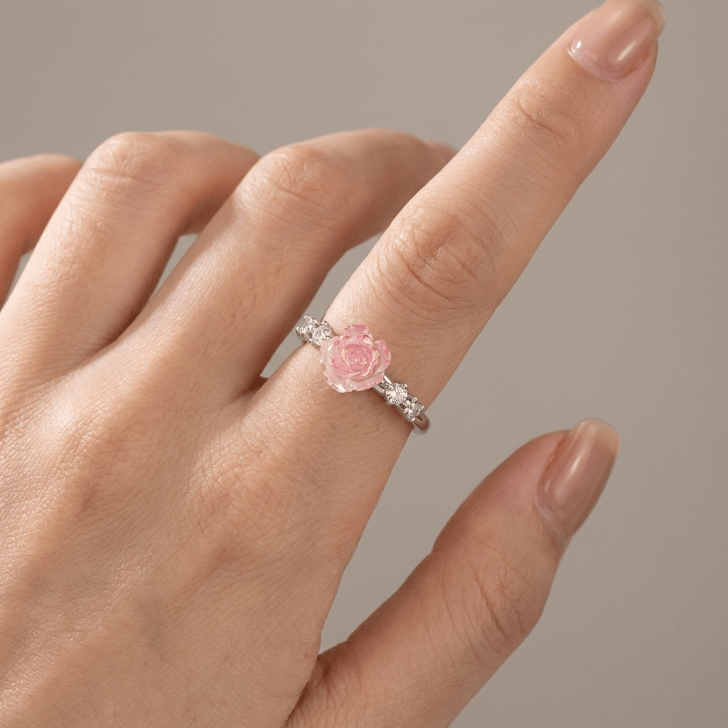 Silver Rose Diamond Ring — (Adjustable)