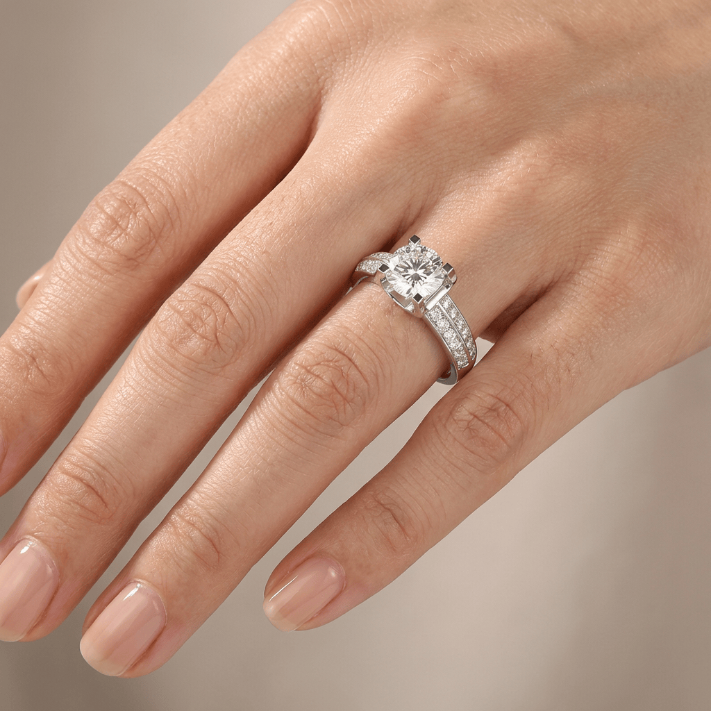Silver Round Diamond Pave Solitaire Ring — (Adjustable)