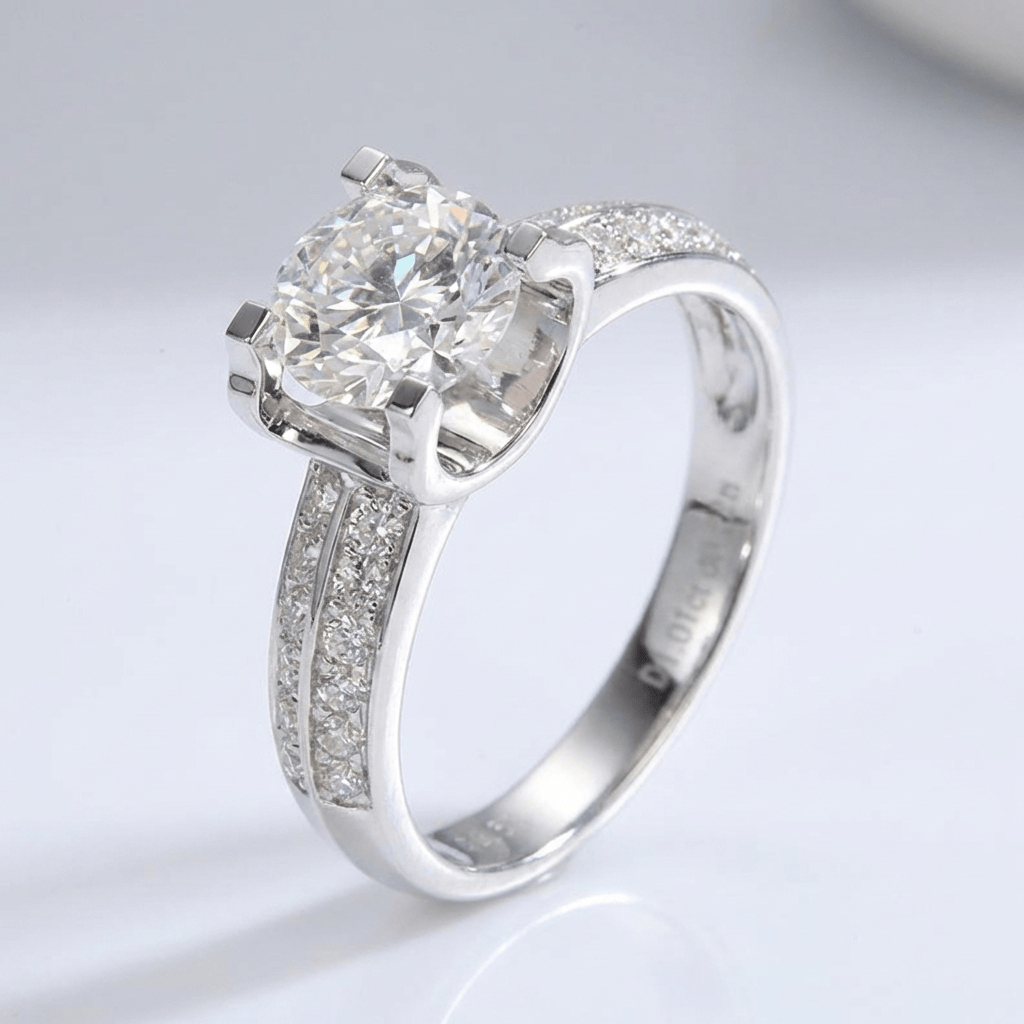 Silver Round Diamond Pave Solitaire Ring — (Adjustable)