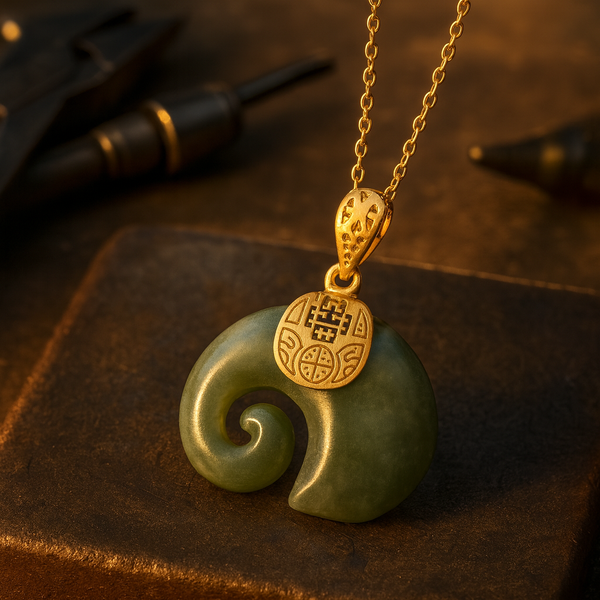 Hetian Jade Elephant Pendant Necklace — 18K Gold-Plated