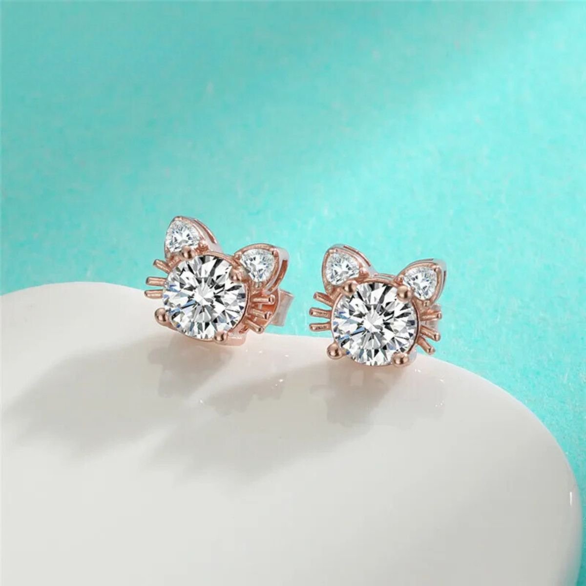 Moissanite Pink Gold Cat Stud Earrings in 925 Sterling Silver