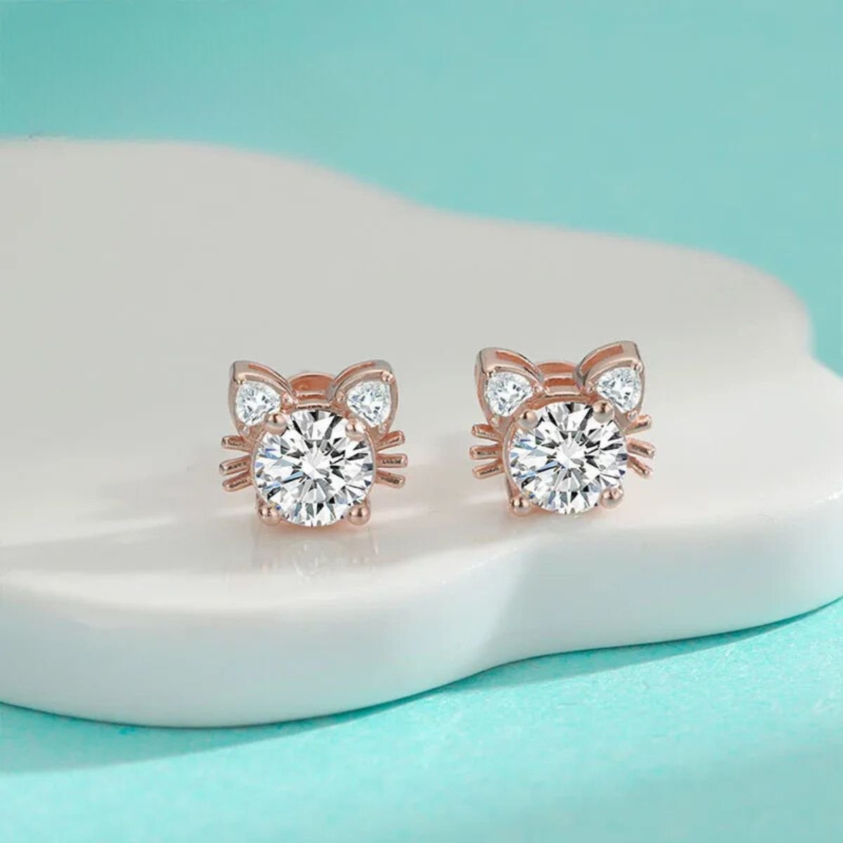 Moissanite Pink Gold Cat Stud Earrings in 925 Sterling Silver