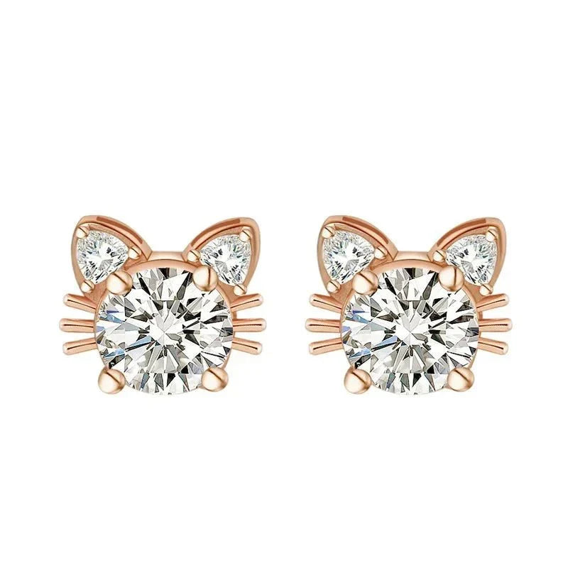Moissanite Pink Gold Cat Stud Earrings in 925 Sterling Silver