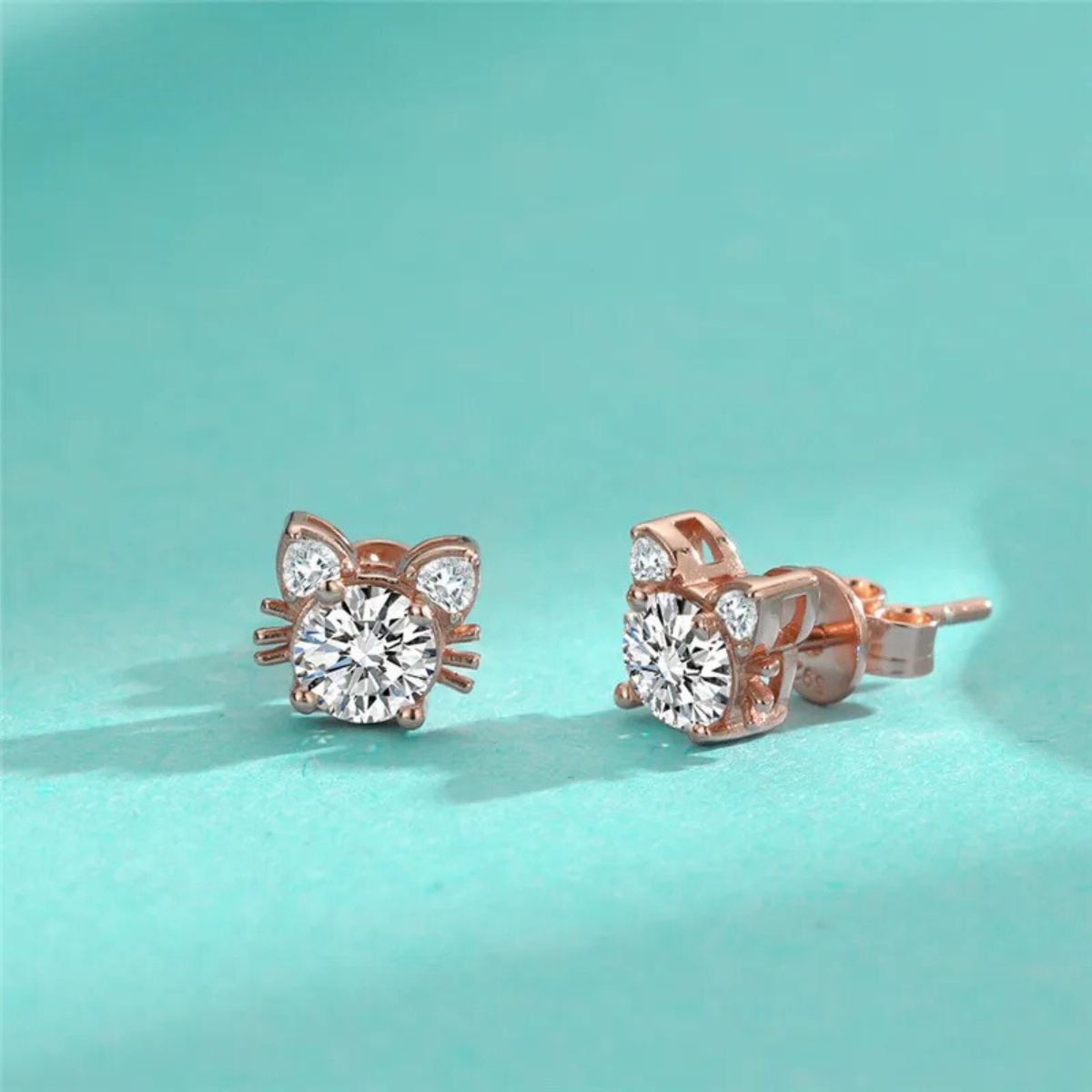 Moissanite Pink Gold Cat Stud Earrings in 925 Sterling Silver