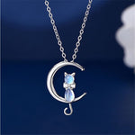 Moonstone Crescent Moon & Cat Necklace