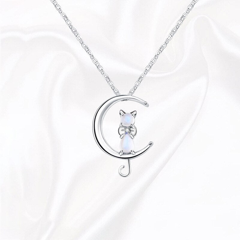 Moonstone Crescent Moon & Cat Necklace