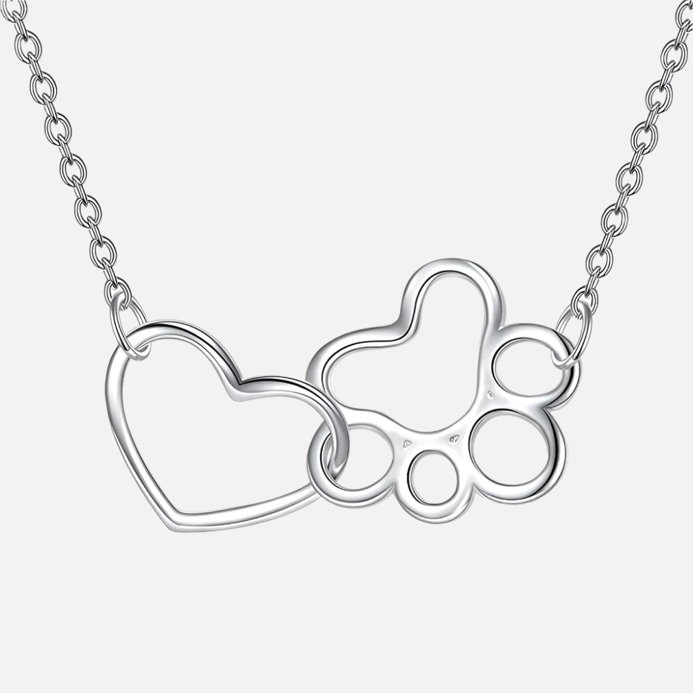 Sterling Silver Paw Print Necklace — Heart Crystal Pendant