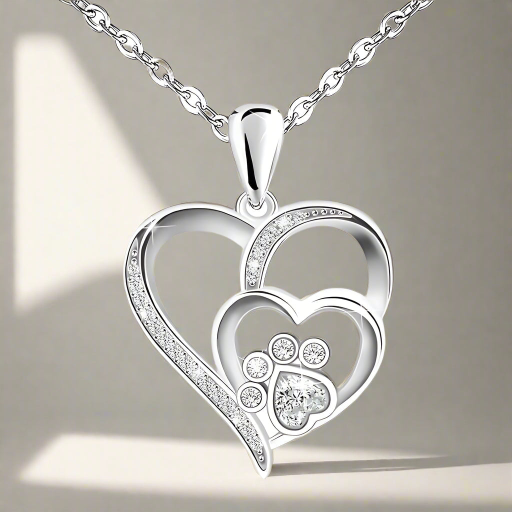 Sterling Silver Paw & Heart Pendant with Zirconia