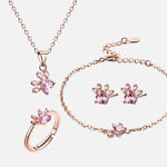 Pink Gold Paw Jewelry Set – 4 Pieces with Zirconia Heart (Ring, Necklace, Earrings, Bracelet)