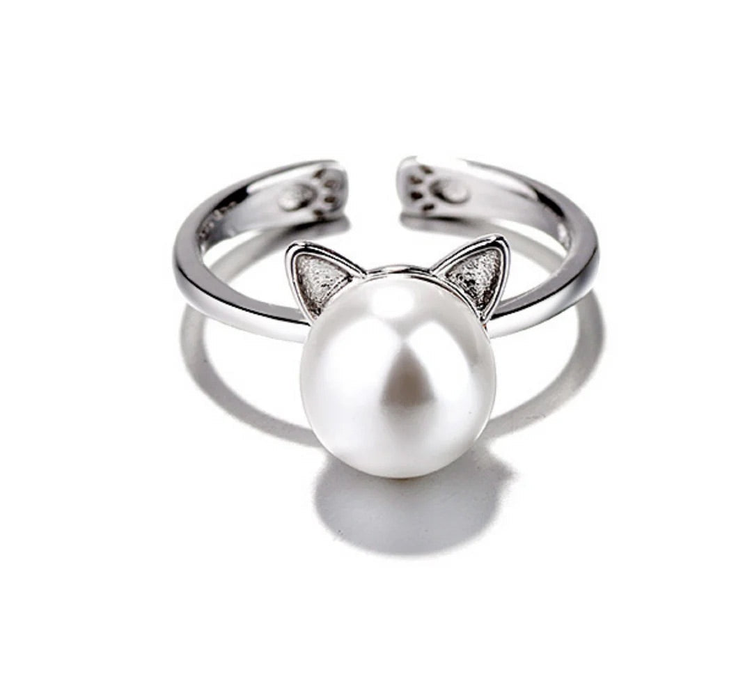 Pearl Cat Necklace with Matching Earrings & Ring